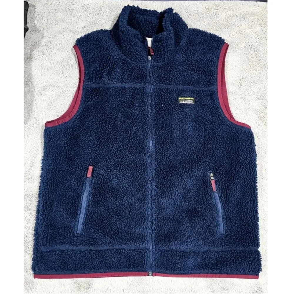 L.L. Bean Mens XL Mountain Pile Sherpa Fleece Vest Blue Red Full Zip Pockets